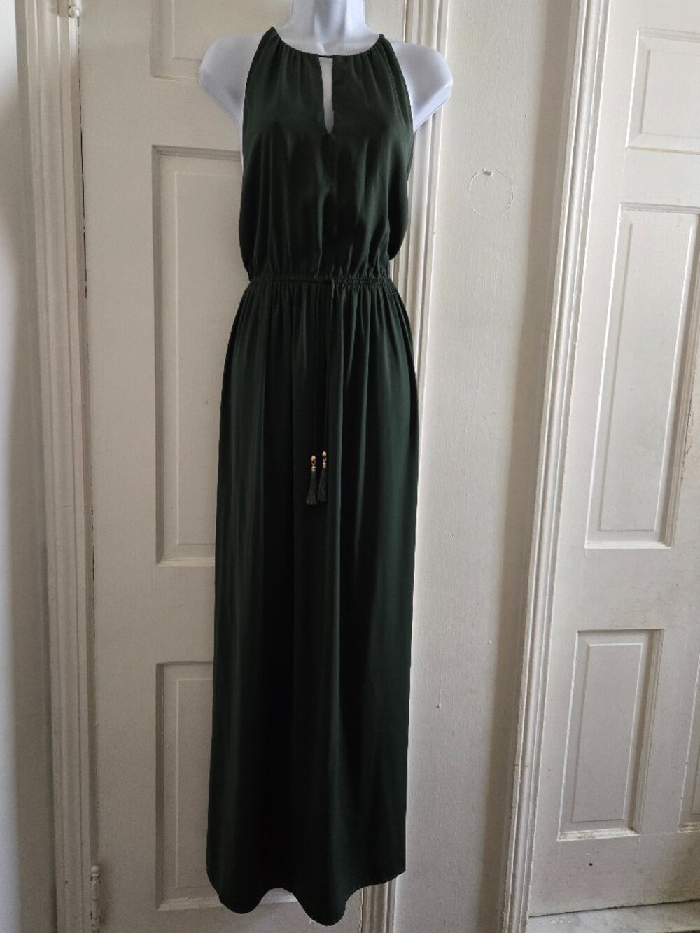 H&M Dark Olive Green Keyhole Halter Maxi Dress With Tassels "size 10"